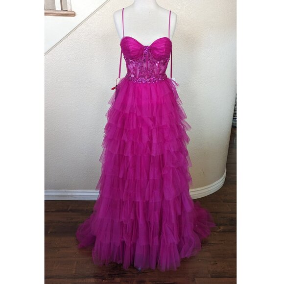 Fuchsia Sequin Corset Tulle Prom Formal Evening Dress 0 - Picture 2 of 6